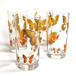 Vintage Glassware Cups, Set Of 4, 22k Gold Painted Butterflies